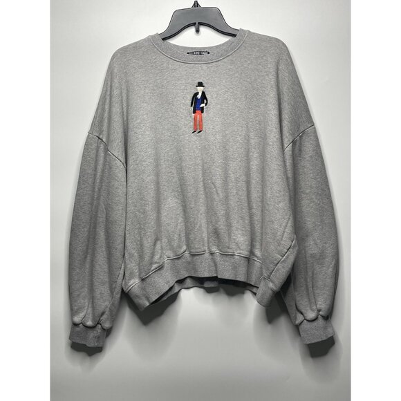 Big Hand Made in Korea Oversized Cropped Sweater S Gray Embroidered English Man - Picture 1 of 5